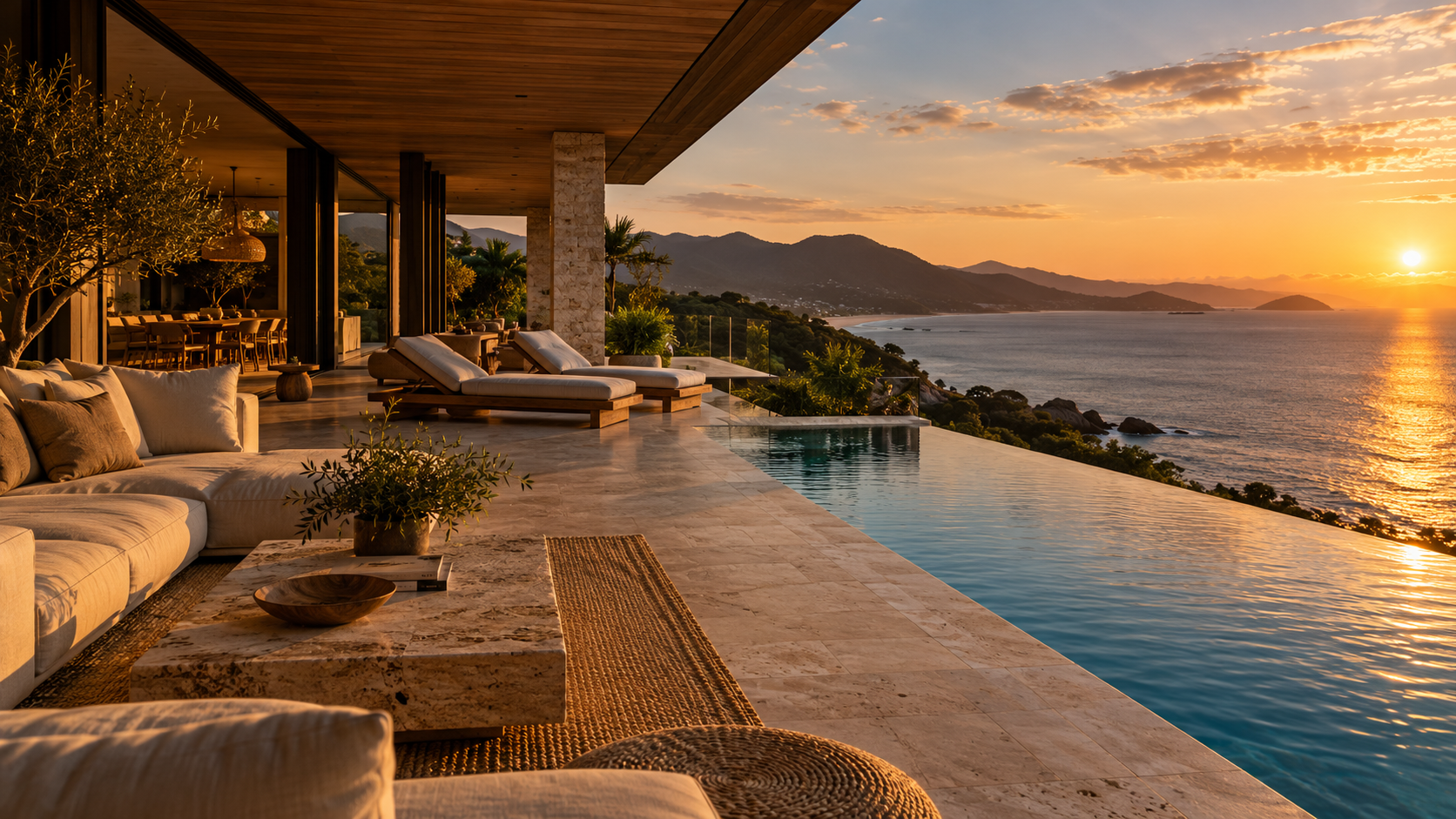 Conceito de residência com terraço, piscina e vista para o mar